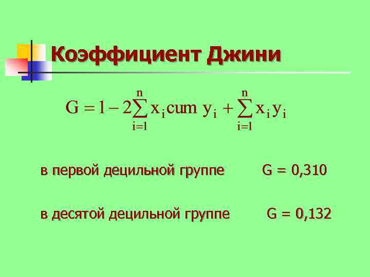 Коэффициент Джини в первой децильной группе G = 0, 310 в десятой децильной группе