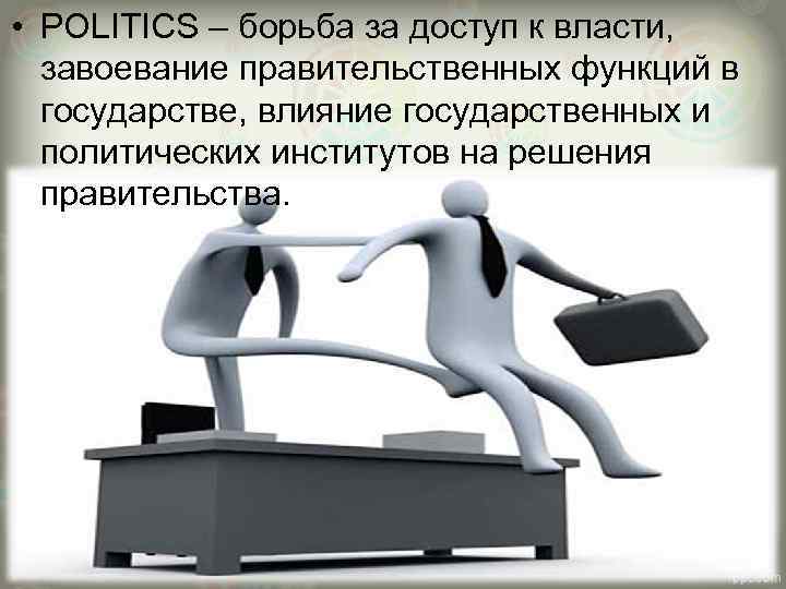  • POLITICS – борьба за доступ к власти, завоевание правительственных функций в государстве,