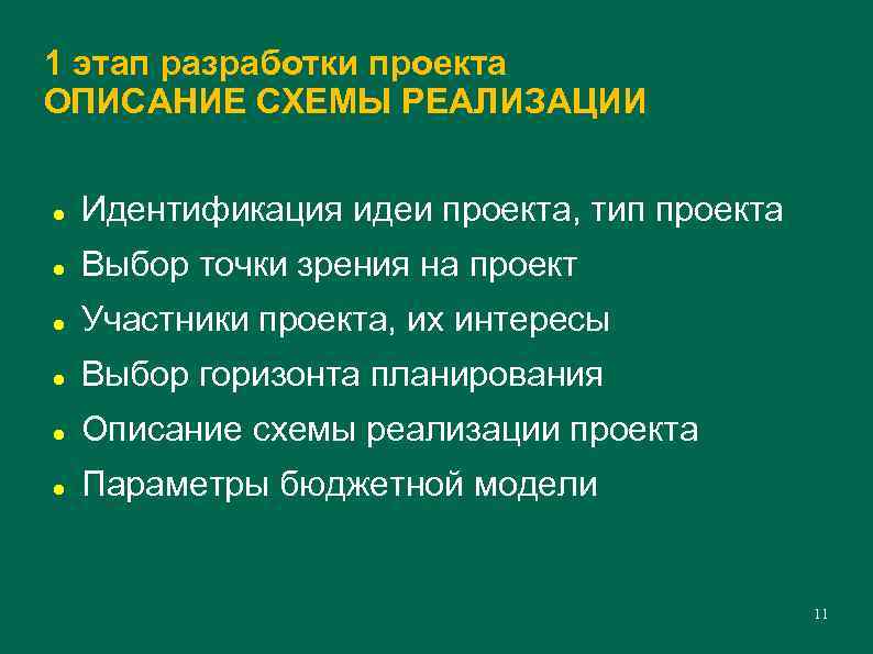 1 этап разработки проекта ОПИСАНИЕ СХЕМЫ РЕАЛИЗАЦИИ Идентификация идеи проекта, тип проекта Выбор точки