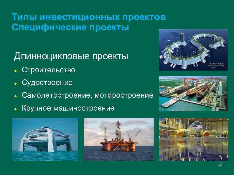 Типы инвестиционных проектов Специфические проекты Длинноцикловые проекты Строительство Судостроение Самолетостроение, моторостроение Крупное машиностроение 15
