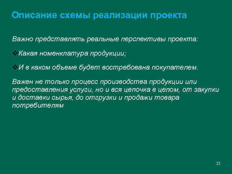 Описание схемы реализации проекта Важно представлять реальные перспективы проекта: v. Какая номенклатура продукции; v.