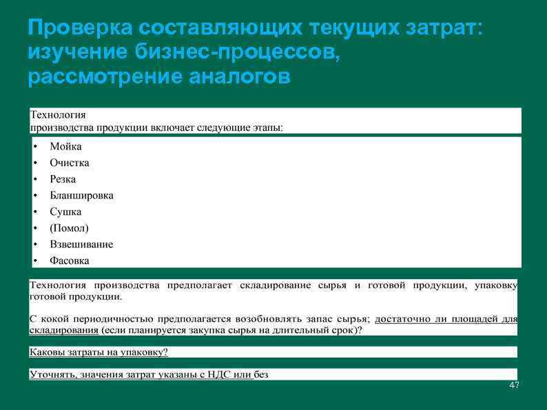 Проверка cоставляющих текущих затрат: изучение бизнес-процессов, рассмотрение аналогов 47 