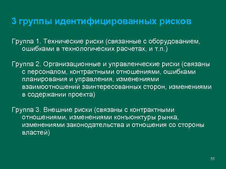 3 группы идентифицированных рисков Группа 1. Технические риски (связанные с оборудованием, ошибками в технологических