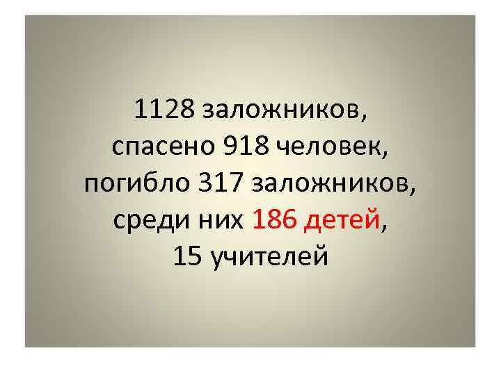 1128 заложников, спасено 918 человек, погибло 317 заложников, среди них 186 детей, 15 учителей