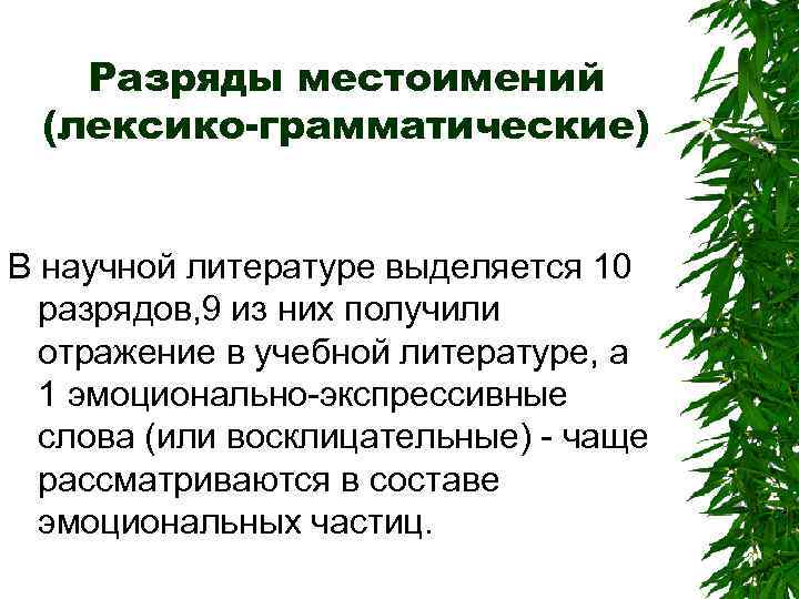 Разряды местоимений (лексико-грамматические) В научной литературе выделяется 10 разрядов, 9 из них получили отражение