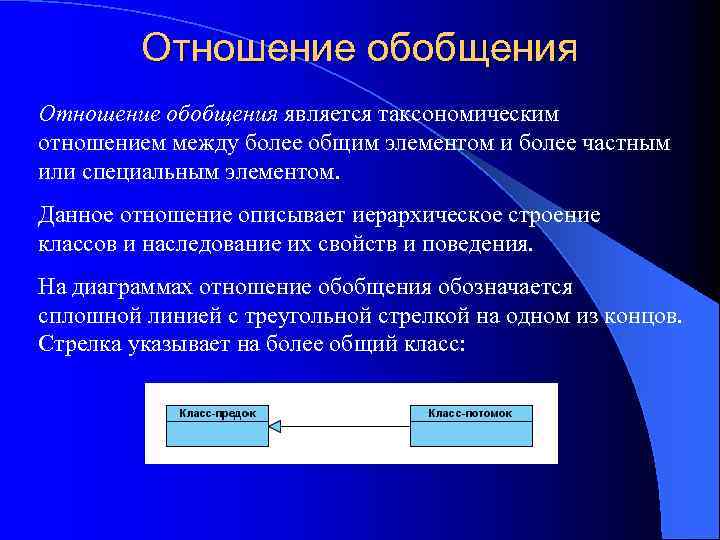 Отношение обобщения является таксономическим отношением между более общим элементом и более частным или специальным