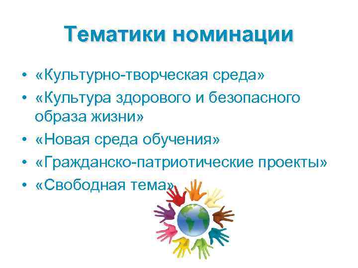 Тематики номинации • «Культурно-творческая среда» • «Культура здорового и безопасного образа жизни» • «Новая