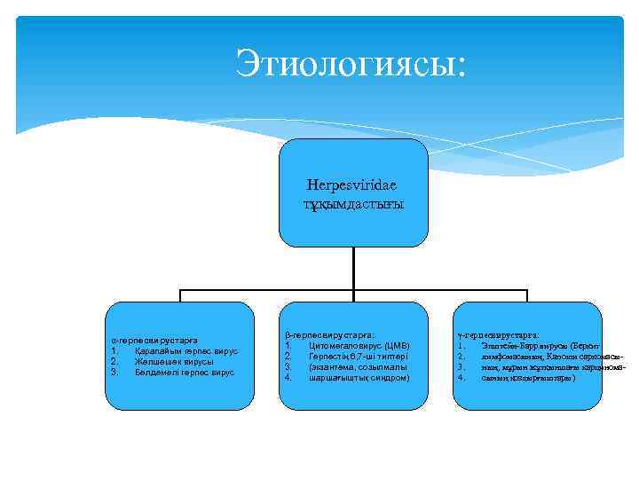  Этиологиясы: Herpesviridae тұқымдастығы β-герпесвирустарға: γ-герпесвирустарға: α-герпесвирустарға 1. Цитомегаловирус (ЦМВ) 1. Эпштейн-Барр вирусы (Беркит