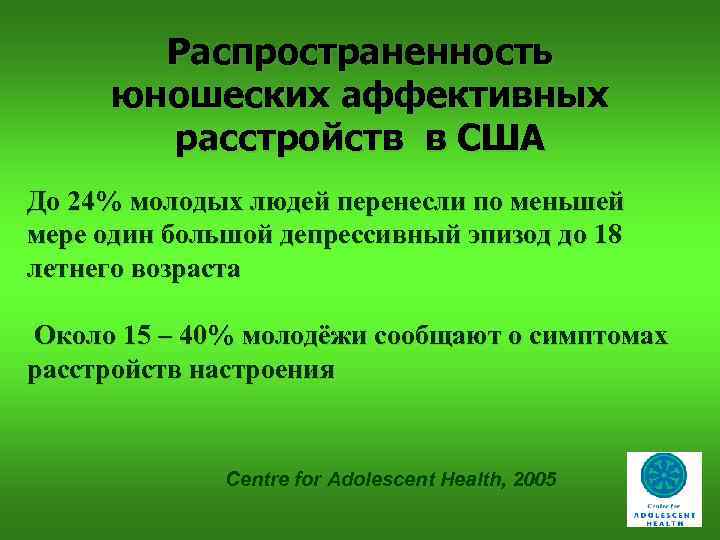 Распространенность юношеских аффективных расстройств в США До 24% молодых людей перенесли по меньшей мере