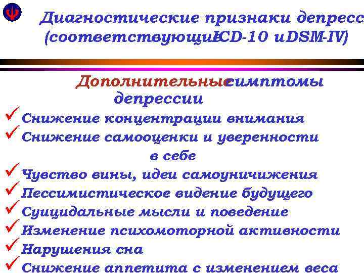 Диагностические признаки депресси (соответствующие ICD-10 и DSM-IV) Дополнительные симптомы депрессии üСнижение концентрации внимания üСнижение