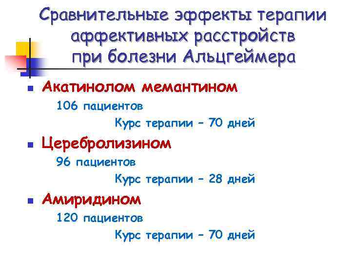 Сравнительные эффекты терапии аффективных расстройств при болезни Альцгеймера n Акатинолом мемантином 106 пациентов Курс