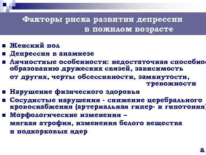 Факторы риска развития депрессии в пожилом возрасте n n n Женский пол Депрессия в