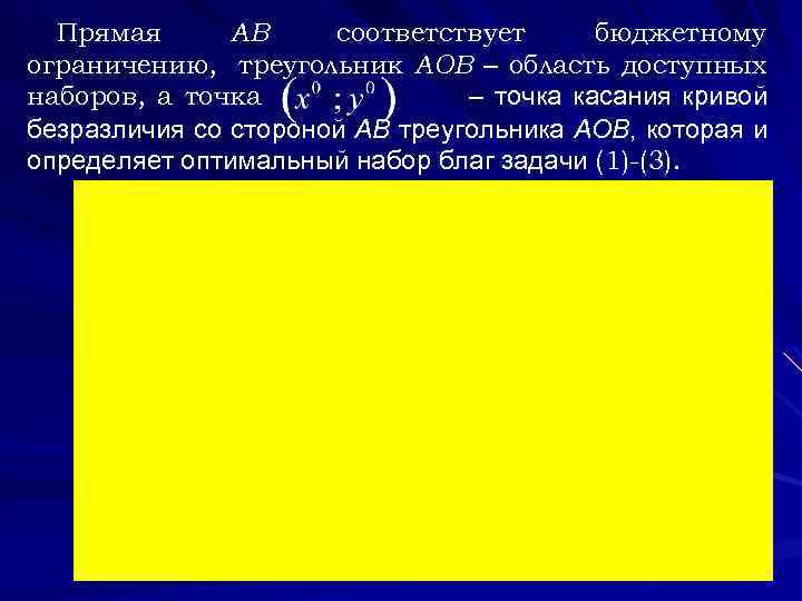 Прямая АВ соответствует бюджетному ограничению, треугольник АОВ – область доступных наборов, а точка –