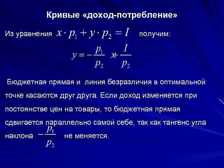 Кривые «доход-потребление» Из уравнения получим: Бюджетная прямая и линия безразличия в оптимальной точке касаются