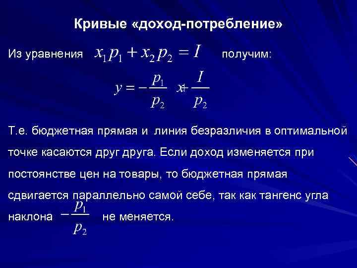 Кривые «доход-потребление» Из уравнения получим: Т. е. бюджетная прямая и линия безразличия в оптимальной