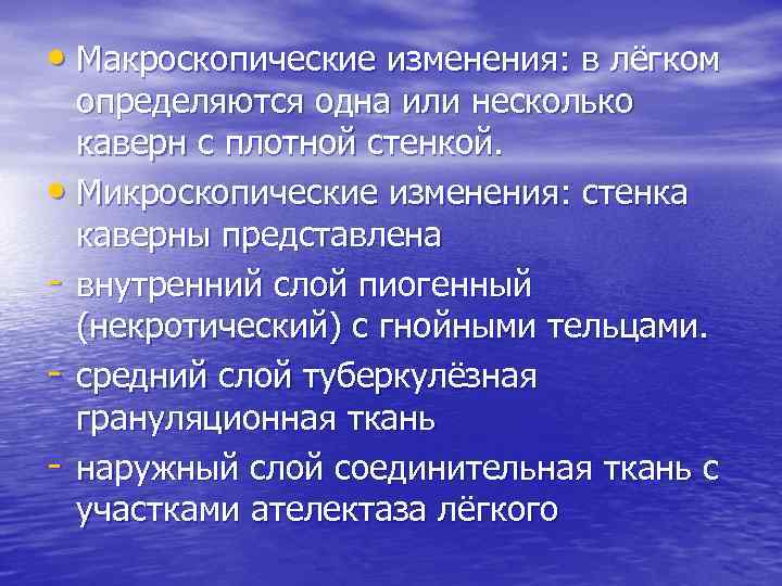  • Макроскопические изменения: в лёгком определяются одна или несколько каверн с плотной стенкой.