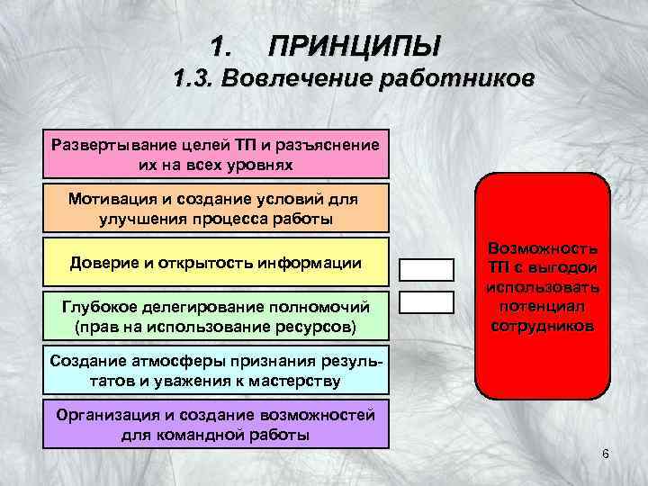 1. ПРИНЦИПЫ 1. 3. Вовлечение работников Развертывание целей ТП и разъяснение их на всех