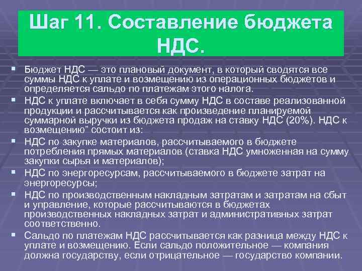 Шаг 11. Составление бюджета НДС. § Бюджет НДС — это плановый документ, в который