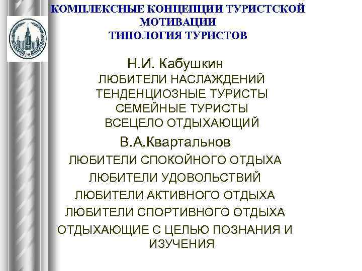 КОМПЛЕКСНЫЕ КОНЦЕПЦИИ ТУРИСТСКОЙ МОТИВАЦИИ ТИПОЛОГИЯ ТУРИСТОВ Н. И. Кабушкин ЛЮБИТЕЛИ НАСЛАЖДЕНИЙ ТЕНДЕНЦИОЗНЫЕ ТУРИСТЫ СЕМЕЙНЫЕ