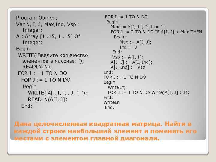 Program Obmen; FOR I : = 1 TO N DO Begin Var N, I,