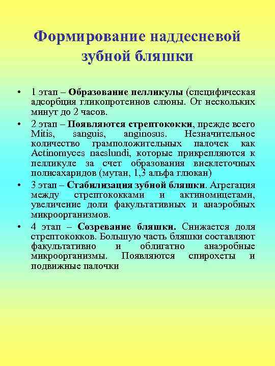 Формирование наддесневой зубной бляшки • 1 этап – Образование пелликулы (специфическая адсорбция гликопротеинов слюны.
