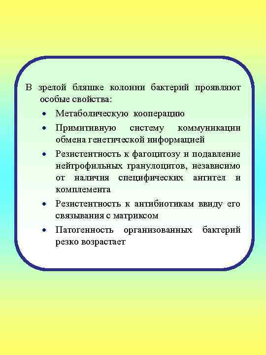 В зрелой бляшке колонии бактерий проявляют особые свойства: Метаболическую кооперацию Примитивную систему коммуникации обмена