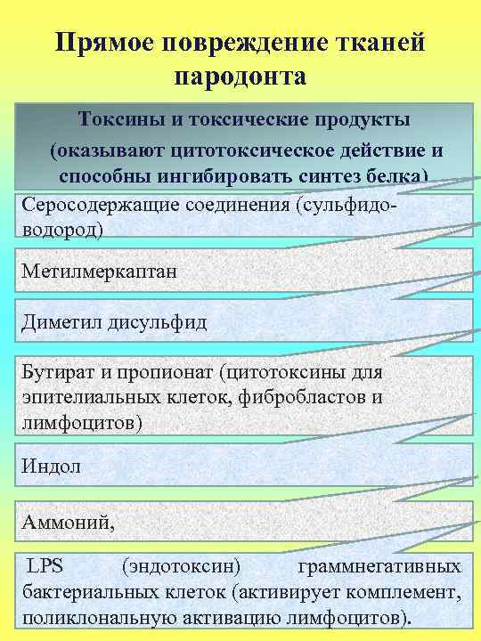 Прямое повреждение тканей пародонта Токсины и токсические продукты (оказывают цитотоксическое действие и способны ингибировать