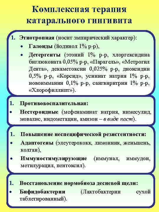 Комплексная терапия катарального гингивита 1. Этиотропная (носит эмпирический характер): Галоиды (йодинол 1% р-р), Детергенты
