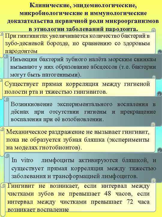 Клинические, эпидемиологические, микробиологические и иммунологические доказательства первичной роли микроорганизмов в этиологии заболеваний пародонта. При
