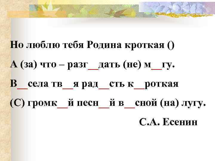 Но люблю тебя Родина кроткая () А (за) что – разг__дать (не) м__гу. В__села