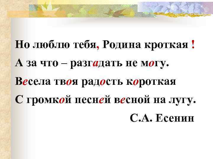 Но люблю тебя, Родина кроткая ! А за что – разгадать не могу. Весела