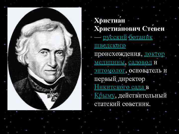 Христиа нович Сте вен — русский ботаник шведского происхождения, доктор медицины, садовод и энтомолог,