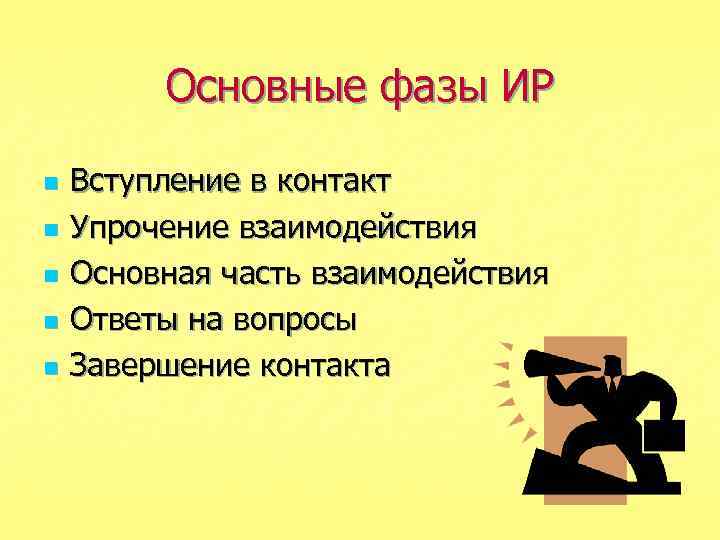 Основные фазы ИР n n n Вступление в контакт Упрочение взаимодействия Основная часть взаимодействия