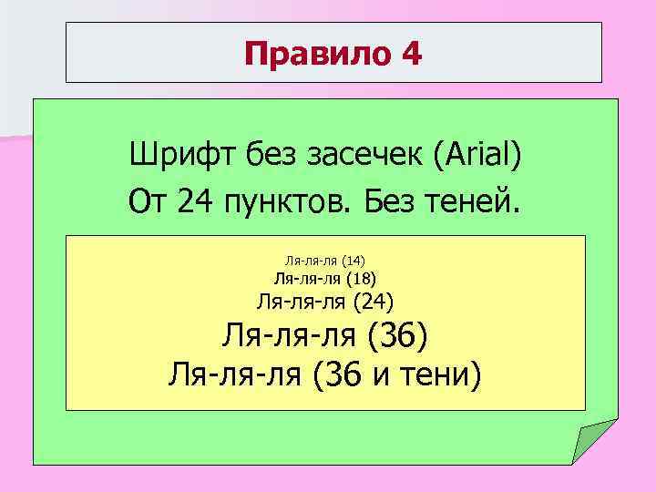 Правило 4 Шрифт без засечек (Arial) От 24 пунктов. Без теней. Ля-ля-ля (14) Ля-ля-ля