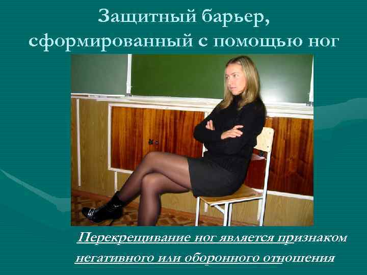 Защитный барьер, сформированный с помощью ног Перекрещивание ног является признаком негативного или оборонного отношения