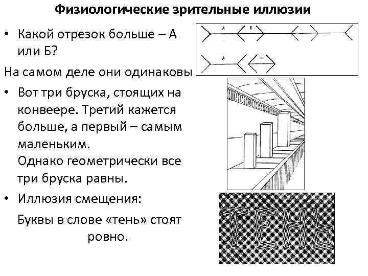 Физиологические зрительные иллюзии • Какой отрезок больше – А или Б? На самом деле
