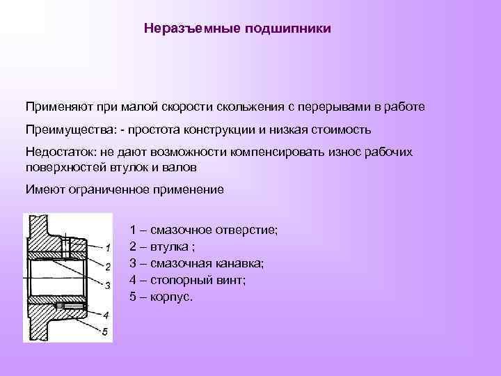Неразъемные подшипники Применяют при малой скорости скольжения с перерывами в работе Преимущества: - простота