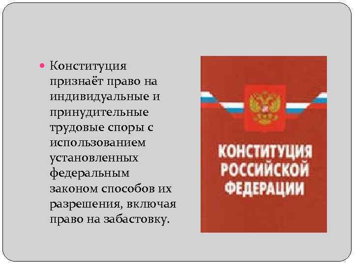  Конституция признаёт право на индивидуальные и принудительные трудовые споры с использованием установленных федеральным