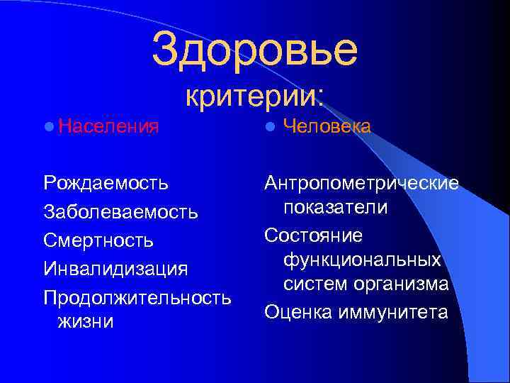 Здоровье критерии: l Населения l Человека Рождаемость Заболеваемость Смертность Инвалидизация Продолжительность жизни Антропометрические показатели