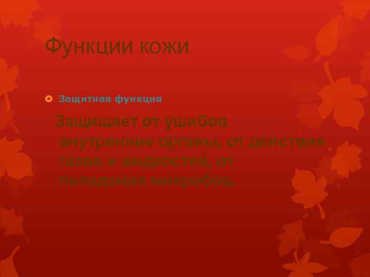 Функции кожи Защитная функция Защищает от ушибов внутренние органы, от действия газов и жидкостей,
