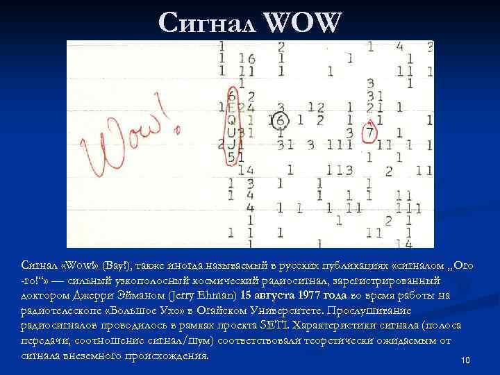 Сигнал WOW Сигнал «Wow!» (Вау!), также иногда называемый в русских публикациях «сигналом „Ого -го!“»