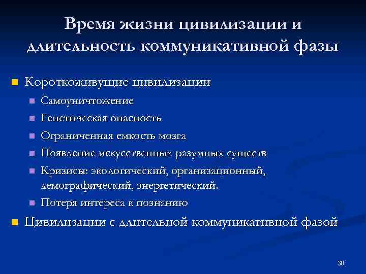 Время жизни цивилизации и длительность коммуникативной фазы n Короткоживущие цивилизации n n n n