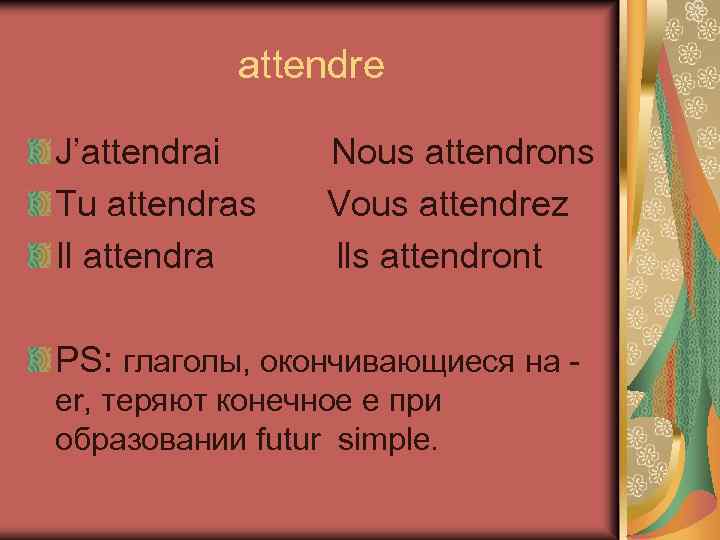 attendre J’attendrai Tu attendras Il attendra Nous attendrons Vous attendrez Ils attendront PS: глаголы,