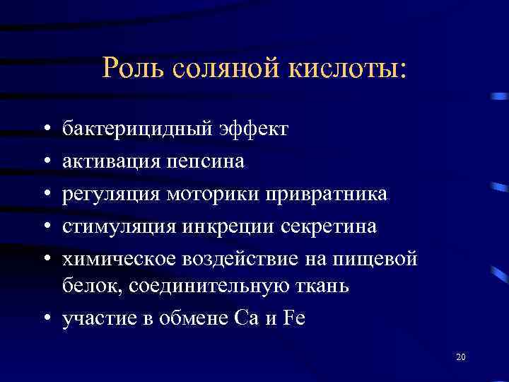 Роль соляной кислоты: • • • бактерицидный эффект активация пепсина регуляция моторики привратника стимуляция
