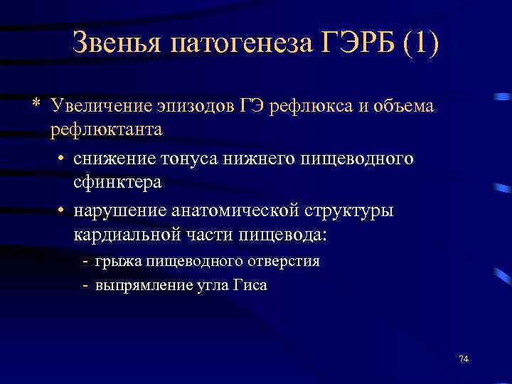 Звенья патогенеза ГЭРБ (1) * Увеличение эпизодов ГЭ рефлюкса и объема рефлюктанта • снижение
