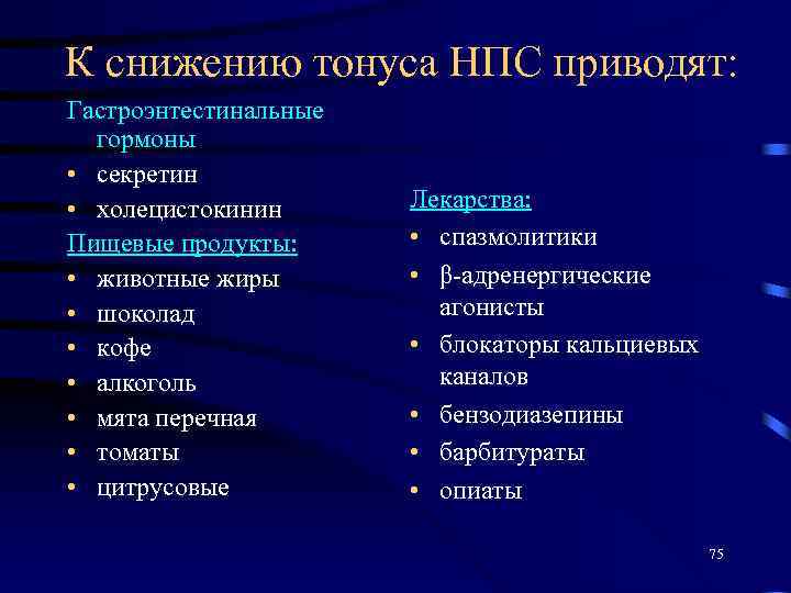 К снижению тонуса НПС приводят: Гастроэнтестинальные гормоны • секретин • холецистокинин Пищевые продукты: •