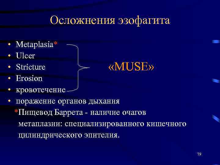 Осложнения эзофагита • • • Metaplasia* Ulcer Stricture «MUSE» Erosion кровотечение поражение органов дыхания