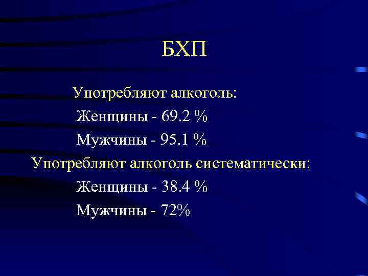 БХП Употребляют алкоголь: Женщины - 69. 2 % Мужчины - 95. 1 % Употребляют