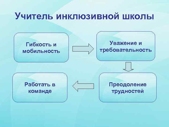 Учитель инклюзивной школы Гибкость и мобильность Работать в команде Уважение и требовательность Преодоление трудностей