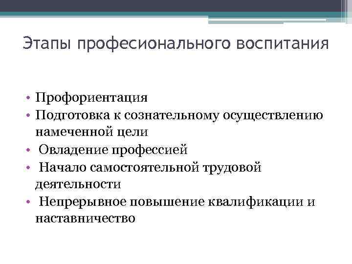 Этапы професионального воспитания • Профориентация • Подготовка к сознательному осуществлению намеченной цели • Овладение